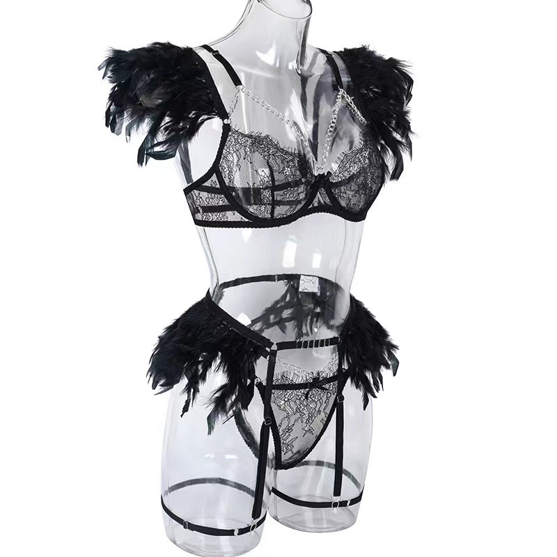 Black Chained Feather Lace Lingerie set | Luxiaa Clothing - Sexy Lingerie Online