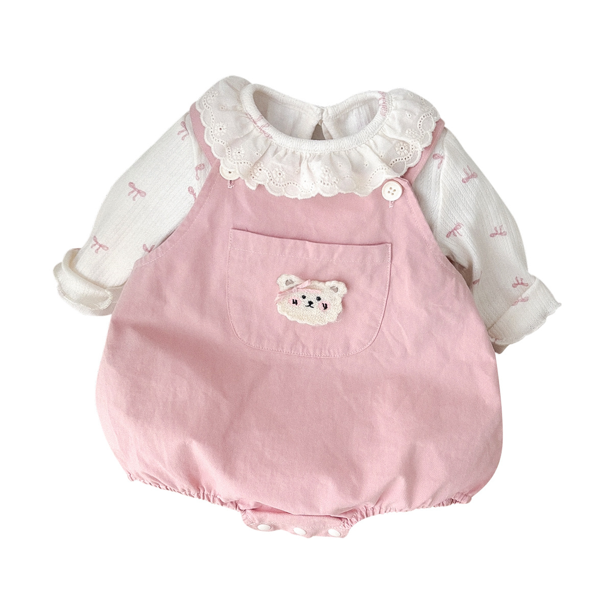 Primavera 2025 nuevo oso traje de escalada de bolsillo grande lindo y súper lindo traje de abrigo de estilo occidental de bebé recién nacido