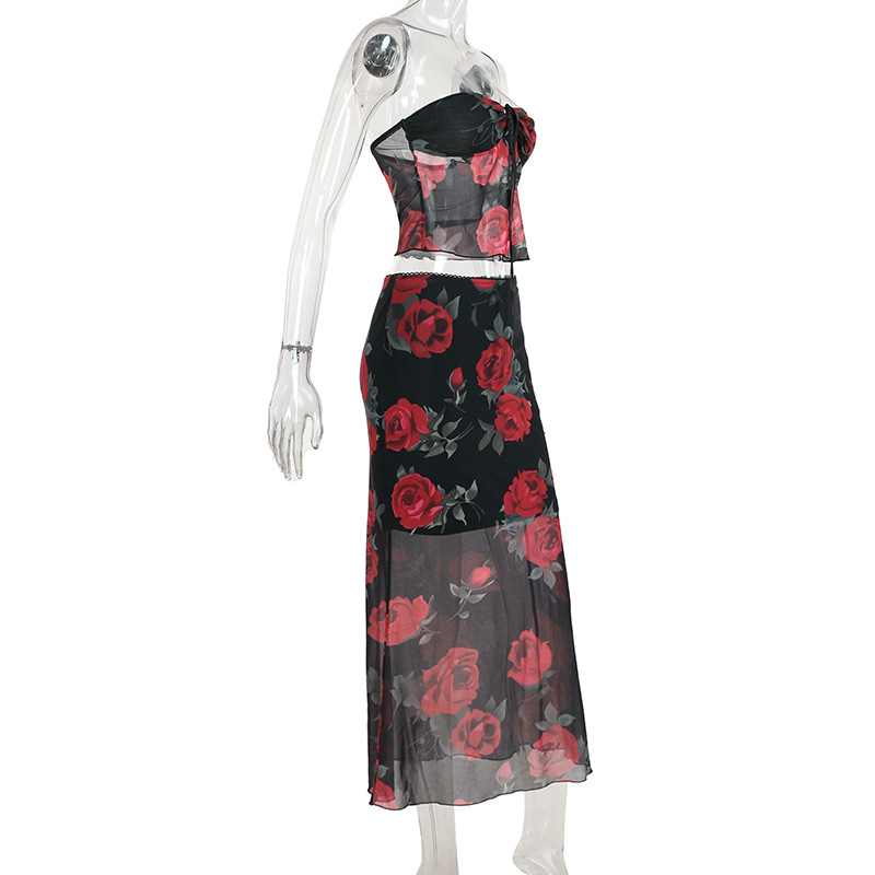 Mesh Printed Tube Top Mid Length Skirt Set Women Summer Slim Fit Women Clothing