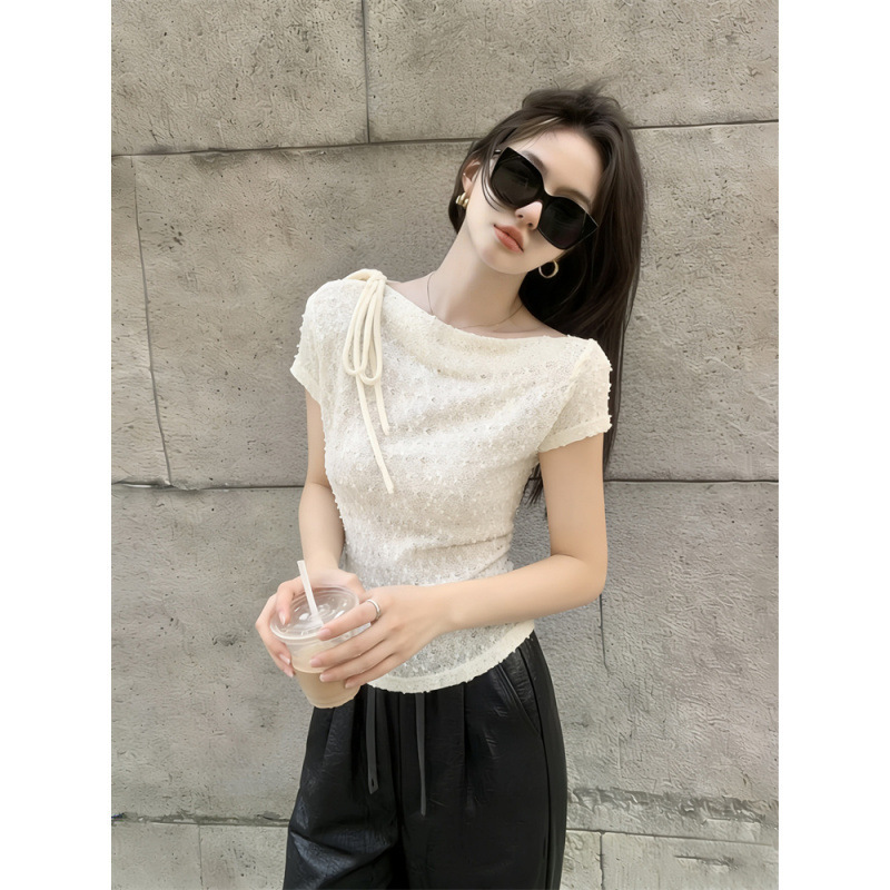 Factory Wholesale Apricot-Colored Irregular Tie Short-Sleeve Shirt for Women, Unique and Beautiful Textured Slim-Fit Lace Top for Summer Factory Wholesale Apricot-Colored Irregular Tie Short-Sleeve Shirt for Women, Unique and Beautiful Textured Slim-Fit Lace Top for Summer