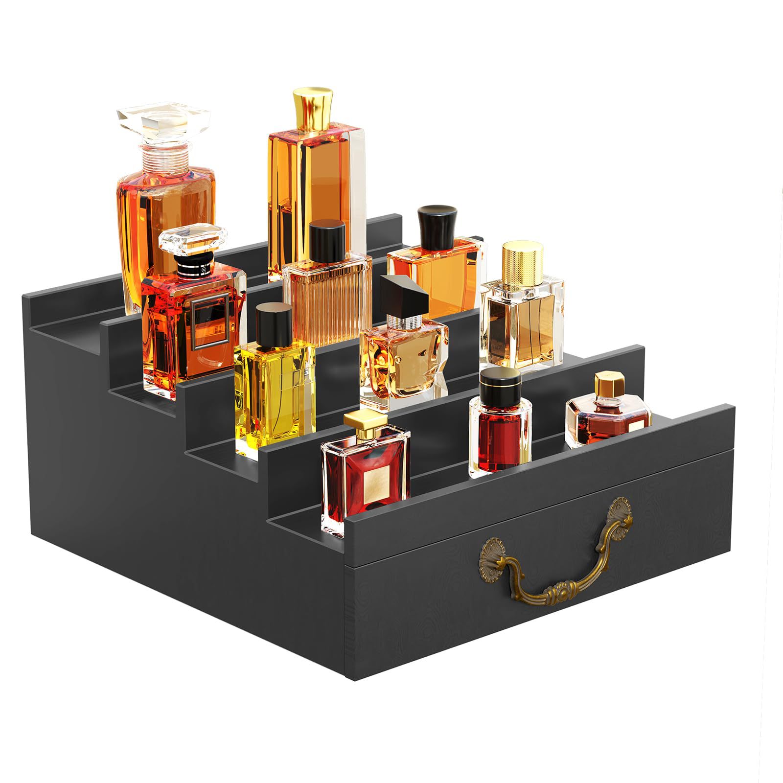 Wooden Cologne Storage Box Step-Up Countertop Perfume Essential Oil Display Box with Glasses Watch Storage Drawer