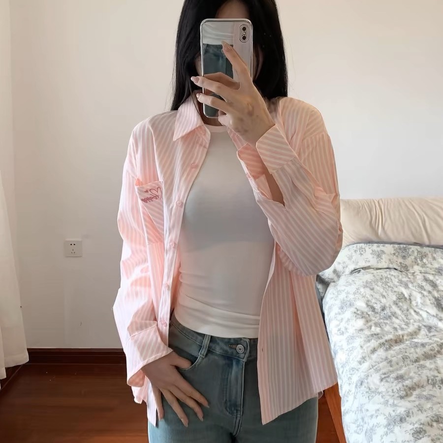 Korean Sweet Pink Stripesd Shirt Women's Spring and Summer Thin Jacket Niche Design Inner Top Long-Sleeved Shirt