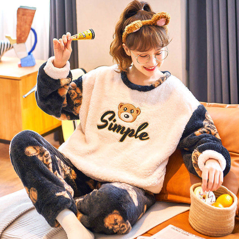 Pijamas de invierno de mujeres de invierno grueso con ropa de franela de terciopelo otoño y invierno de mediana edad Coral Pijamas damas de primavera y otoño