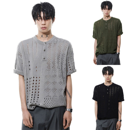 Knitted shirt, short-sleeved T-shirt, men, hollow ice silk, breathable summer, Henry collar, old money style, casual cross-border factory wholesale
