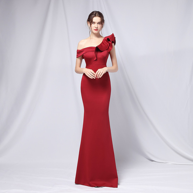 18732 # 6-Color One-Shoulder Banquet Evening Dress, Fashionable Party Long Elegant Slim Sexy Fishtail Dress