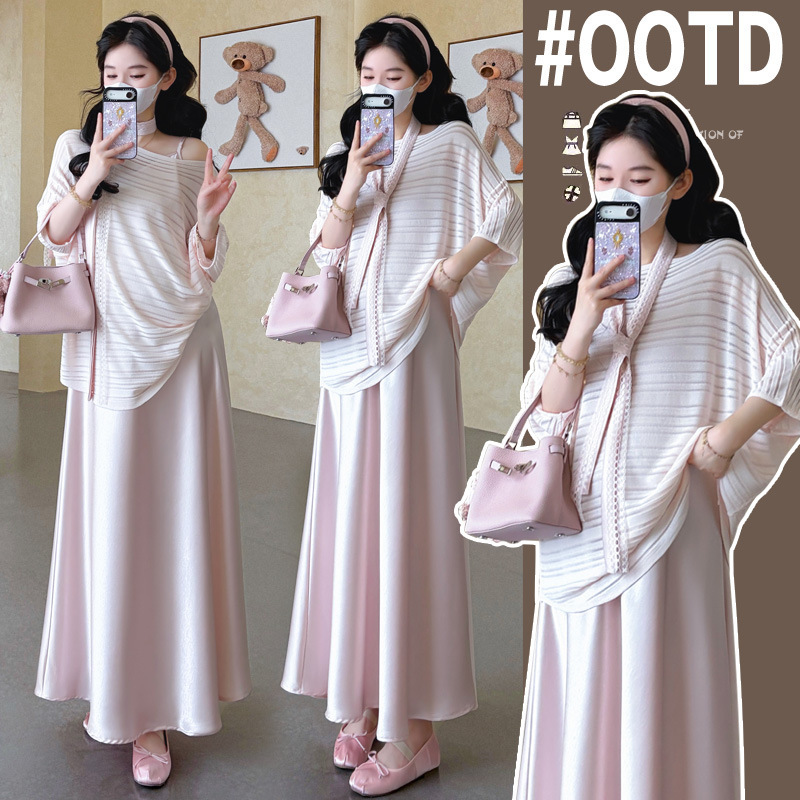 Elegant Commuter Maternity Wear 2026 Maternity Satin Slip Dress + Knitted Top Two-Piece Maternity Set