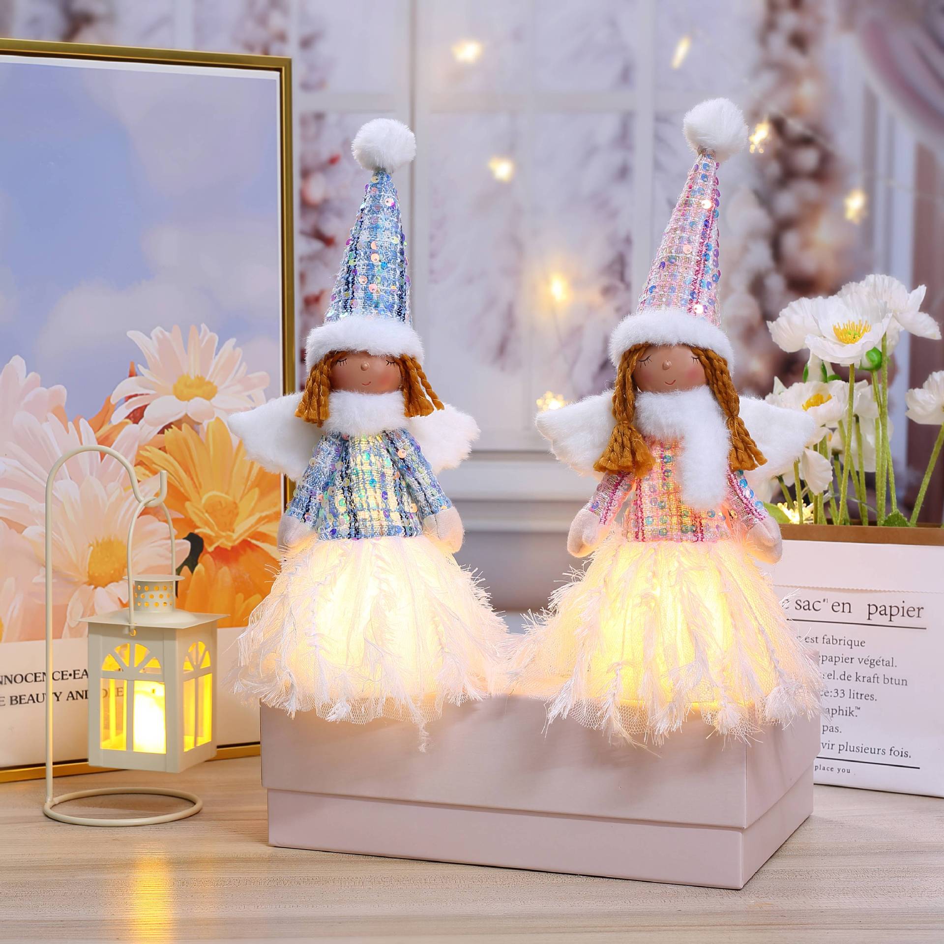 Adorno encantador de ángel de Navidad pareja muñeca decoración de ventana muñeca luminosa transfronteriza decoración de lentejuelas decoración al por mayor