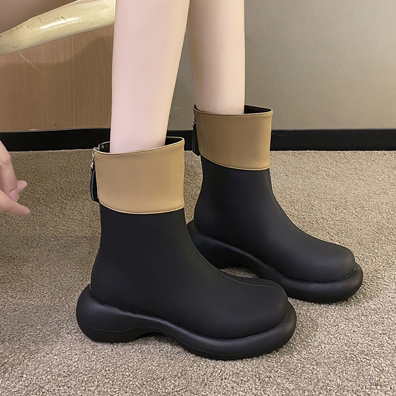 Round-toe short boots, feminine, slim boots that show longer legs, 2023 autumn and winter new style, versatile thick-soled back zipper boots_voghion.com