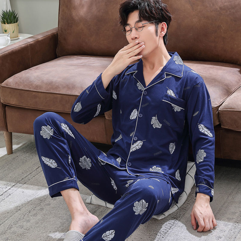 Pijamas de primavera y otoño de algodón de manga larga para hombres pijamas de otoño e invierno para hombres jóvenes de mediana edad delgada día de verano traje de uso doméstico