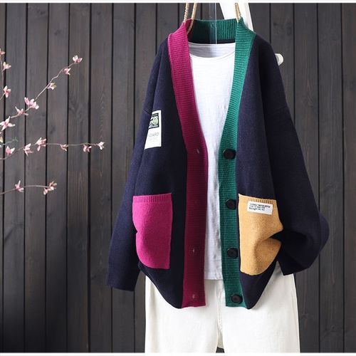 Artistic Autumn New Item Striped Loose Long-Sleeve Contrast Color Knit Women's Cardigan Casual Thick Buttoned Sweater Coat