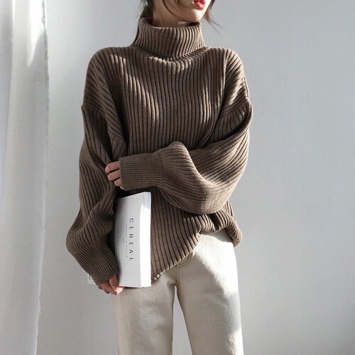 High neck sweater coat for autumn and winter, Korean style, fashionable and loose fit, versatile outerwear, chic and lazy long-sleeved top