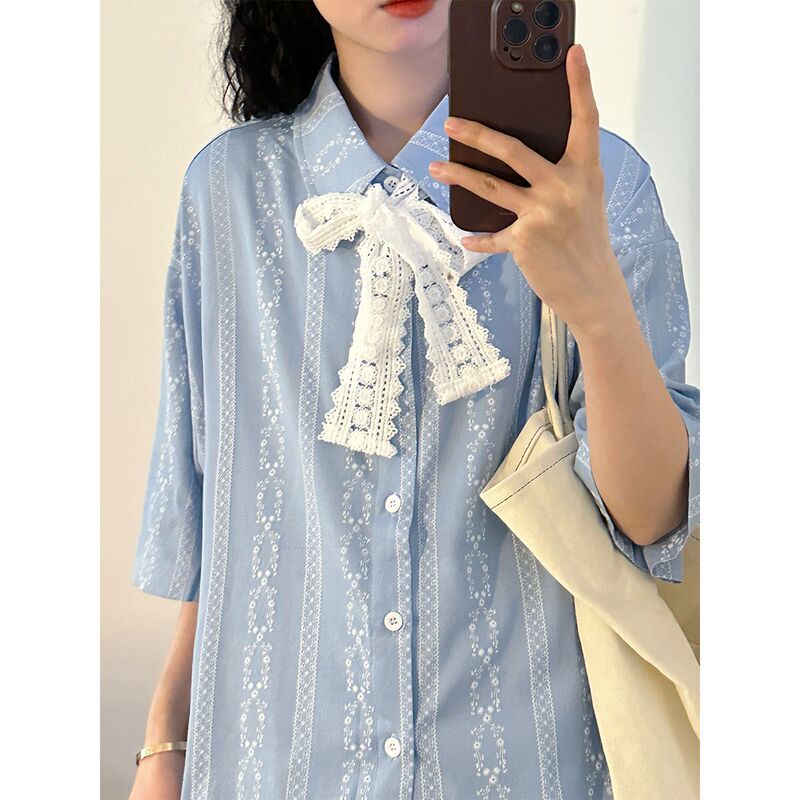 Lace Tie Striped Shirt Summer Japanese Retro Artistic Sweet Striped Jacquard Loose Casual Top for Women Trendy Lace Tie Striped Shirt Summer Japanese Retro Artistic Sweet Striped Jacquard Loose Casual Top for Women Trendy