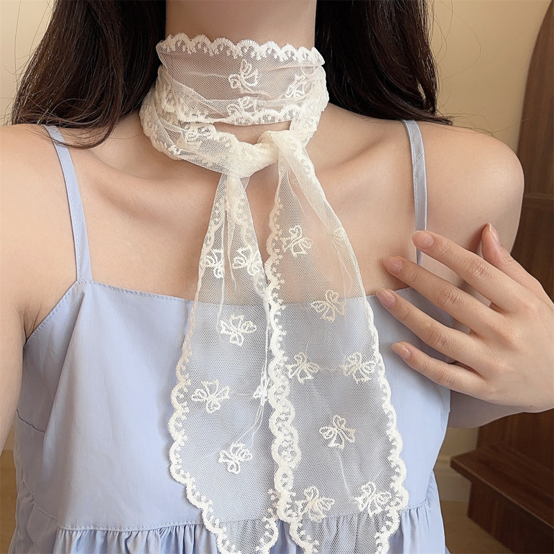 韓国蝶刺繍レースロングシルクスカーフ女性のための春と夏の新しいハイエンド多用途ネクタイネックアクセサリー|undefined