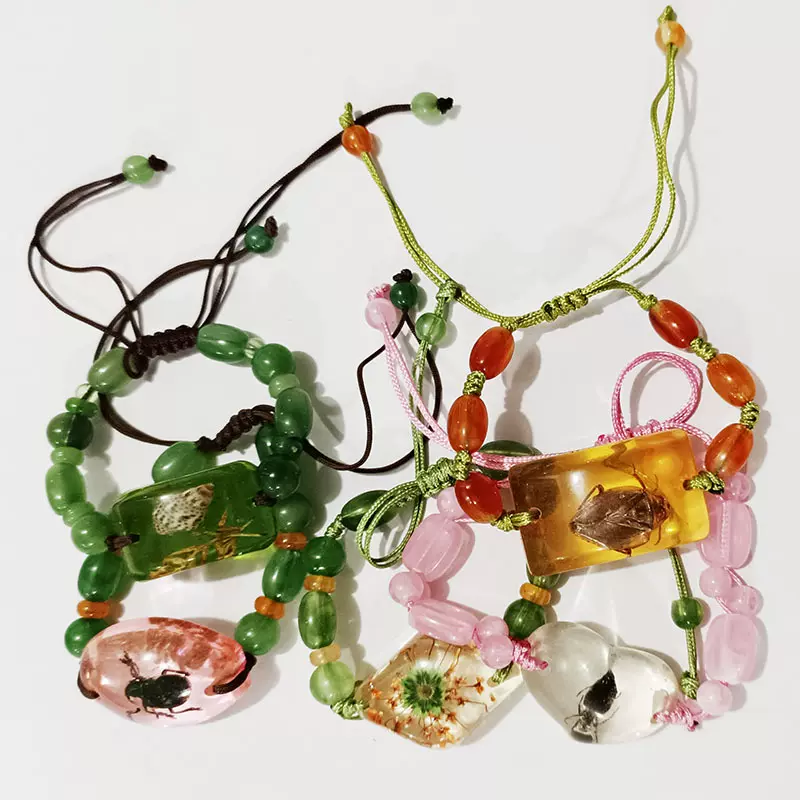 混批昆虫琥珀手链 编绳手饰批发 串珠饰品 夜光琥珀旅游学习标本