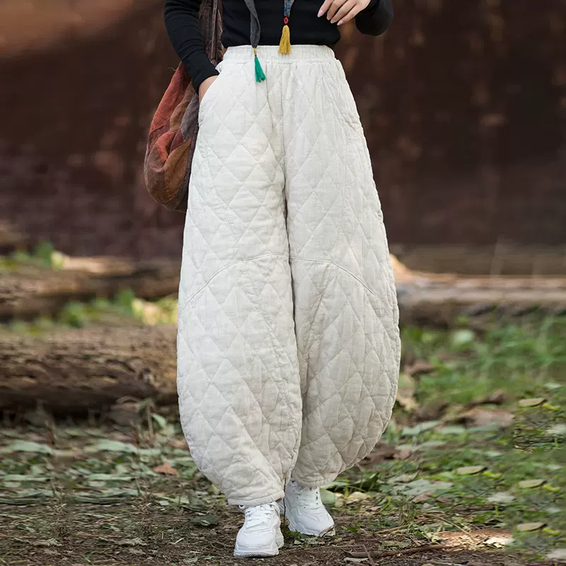 2025冬季新款棉麻女装原创复古夹棉绗缝菱形格加厚保暖灯笼棉裤