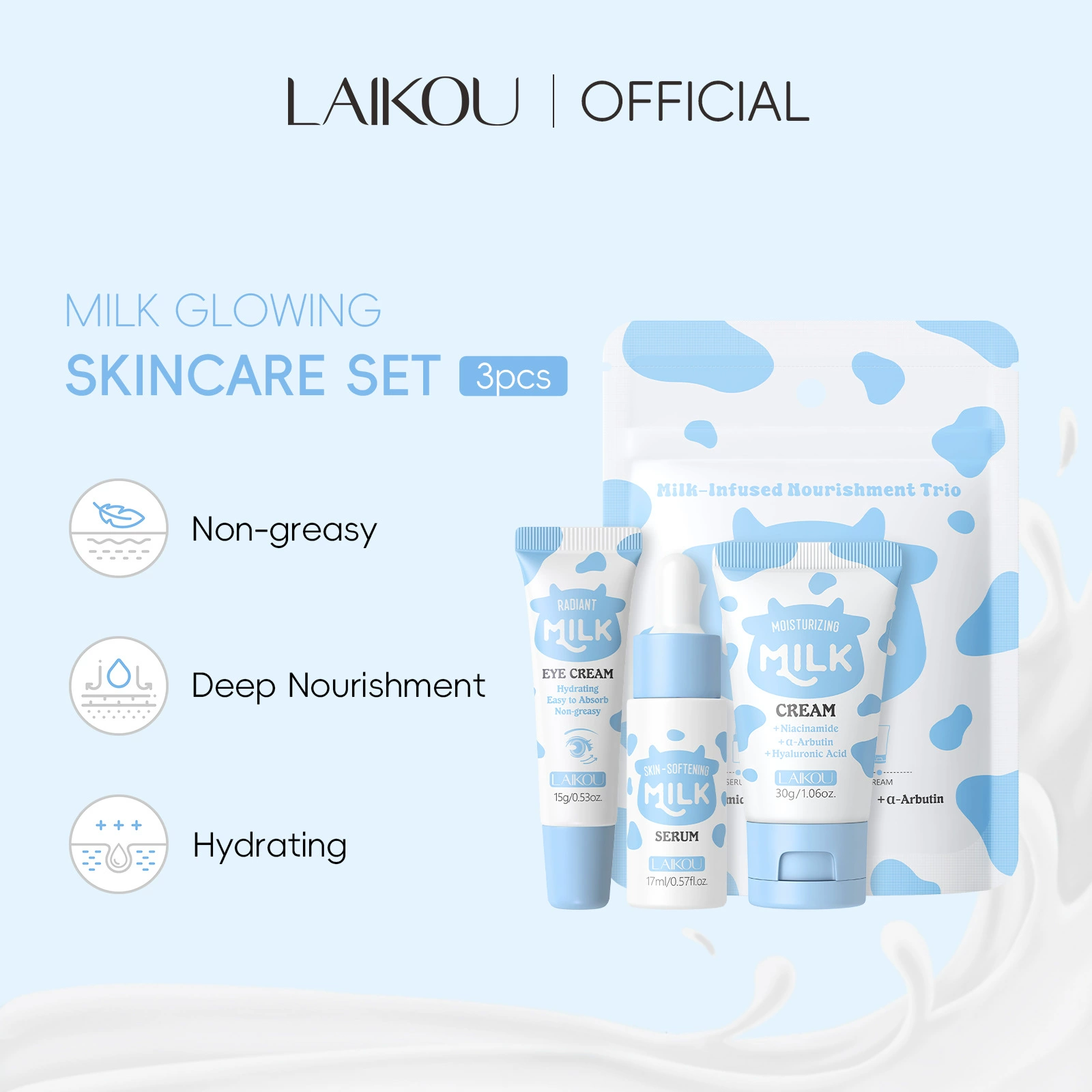 Набор из 3 предметов Laikou Milk (эссенция 17 мл + крем для глаз 15 г + увлажняющий крем 30 г) в дорожном формате для внешней торговли