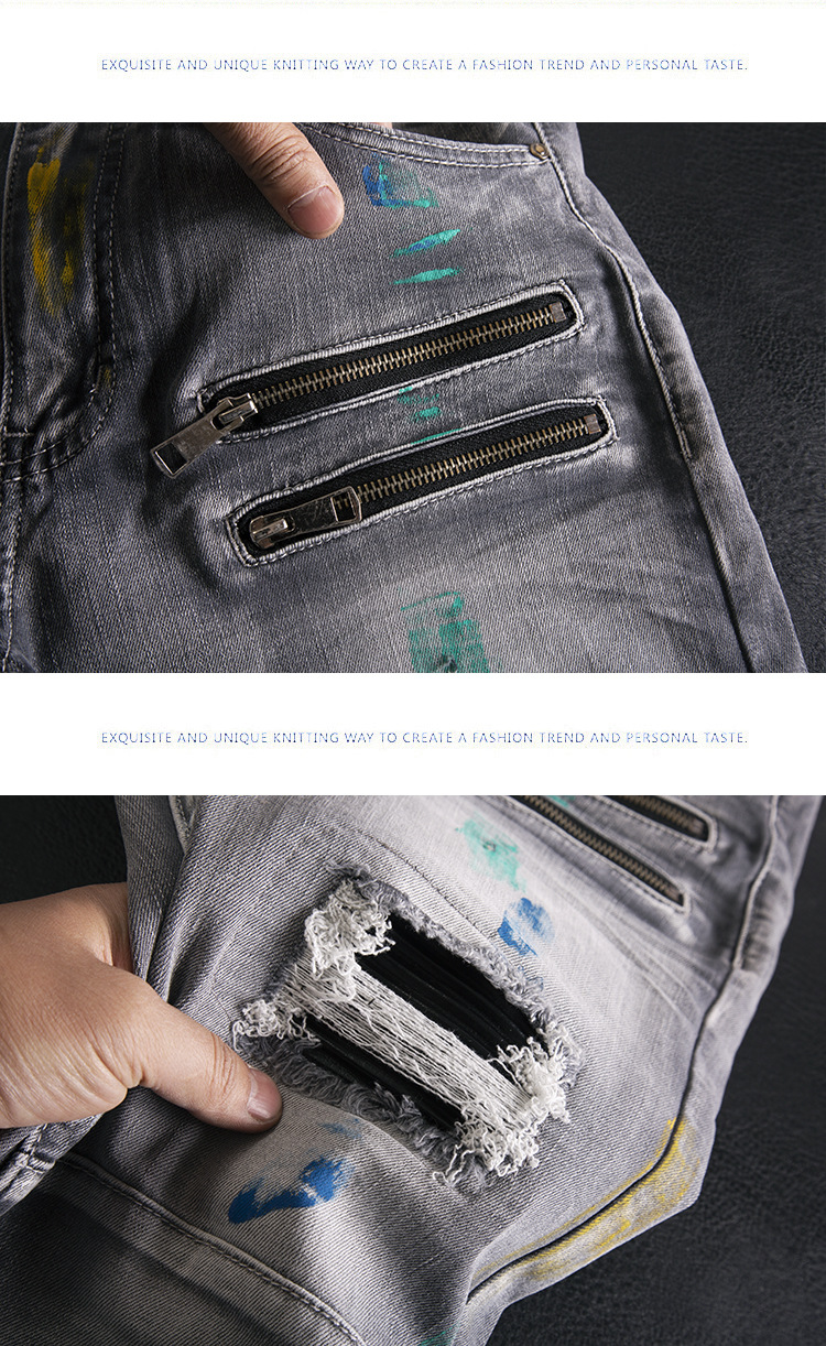 Men’s Slim Fit Ripped Patchwork Jeans With Graffiti Print Retro_voghion.com