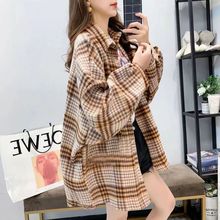 磨毛加厚毛呢格子衬衫女宽松中长款春秋季新款港味百搭衬衣外套潮