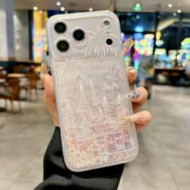 粉色烟花城堡流沙壳适用苹果17手机壳17pro全包壳跨境16pro外贸