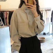 韩国秋季小众设计款立领斜扣宽松纯色休闲百搭长袖衬衫上衣女驰