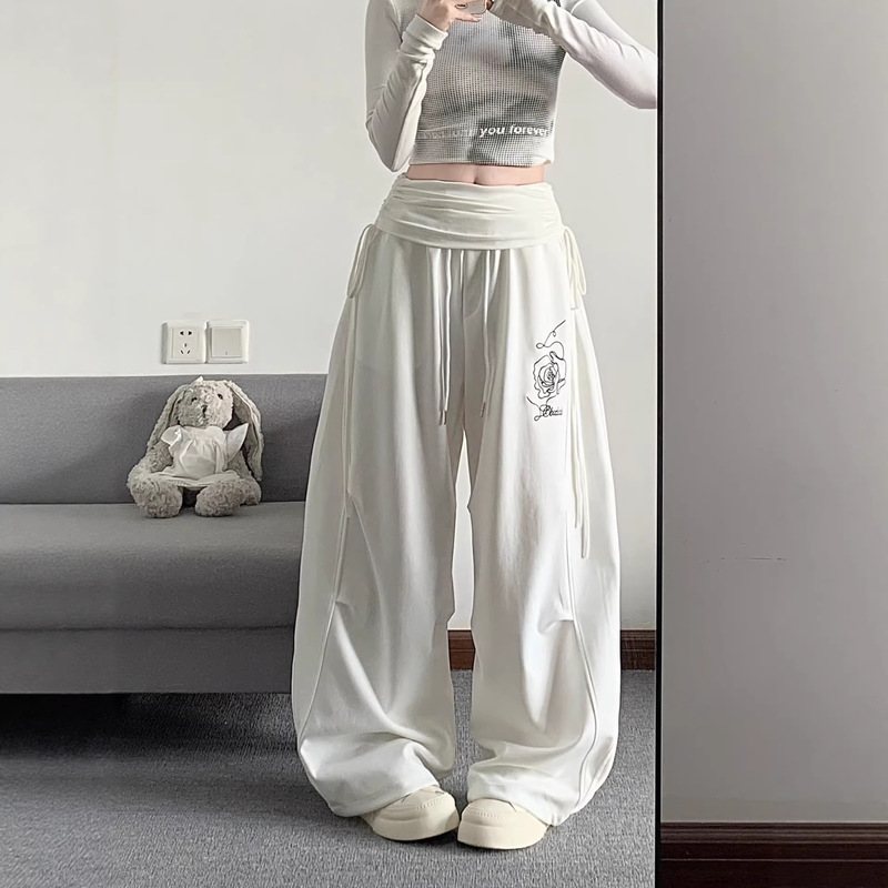 Hip-Hop Jazz Dance Pants for Women, Spring and Summer, Rose Pleated Design, Casual Hip-Hop Style, Slimming, Leg-Shaping Wide-Leg Pants