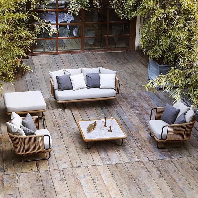 Outdoor rattan sofa set for courtyard, cafe, leisure, bamboo and rattan sofa combination for garden, homestay, hotel, waterproof chair