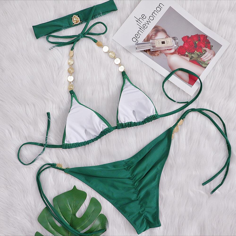 Conjunto de 2 piezas de bikini dividido con cordones y decoración de diamantes verdes NSKLL110852