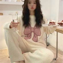 睡衣女秋冬季珊瑚绒加绒加厚保暖甜美网红蝴蝶结可外穿家居服套装