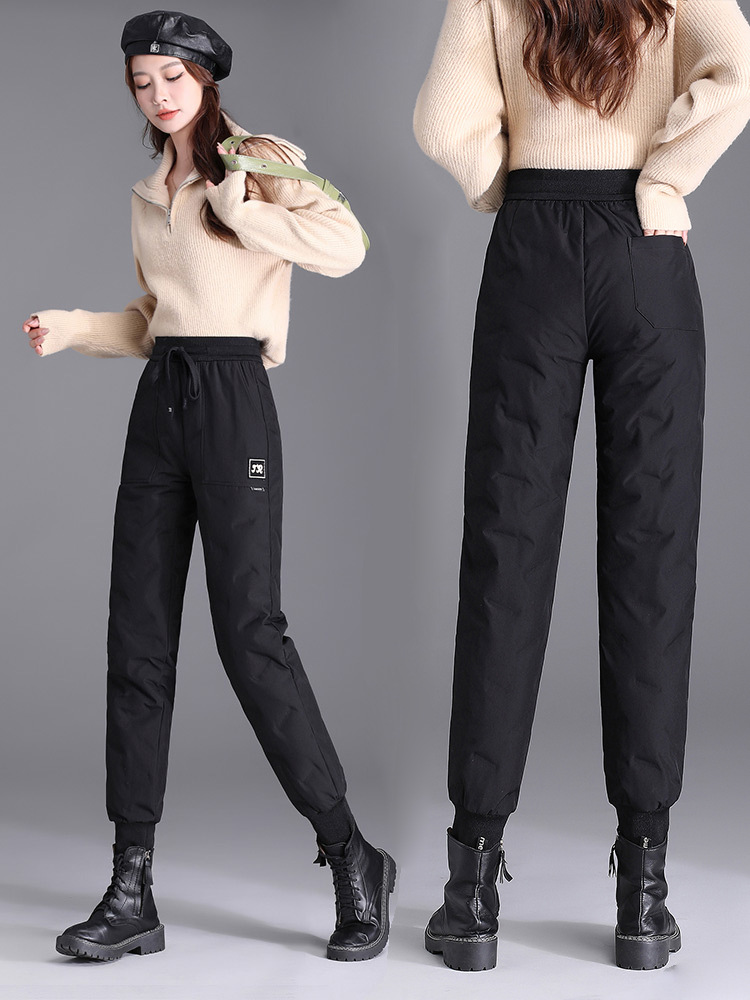 Pantalones de plumón de pato blanco para mujer, se pueden usar al aire libre, a la moda, de cintura alta, gruesos, cálidos, a prueba de frío, pantalones de algodón para mujer con puños image 4