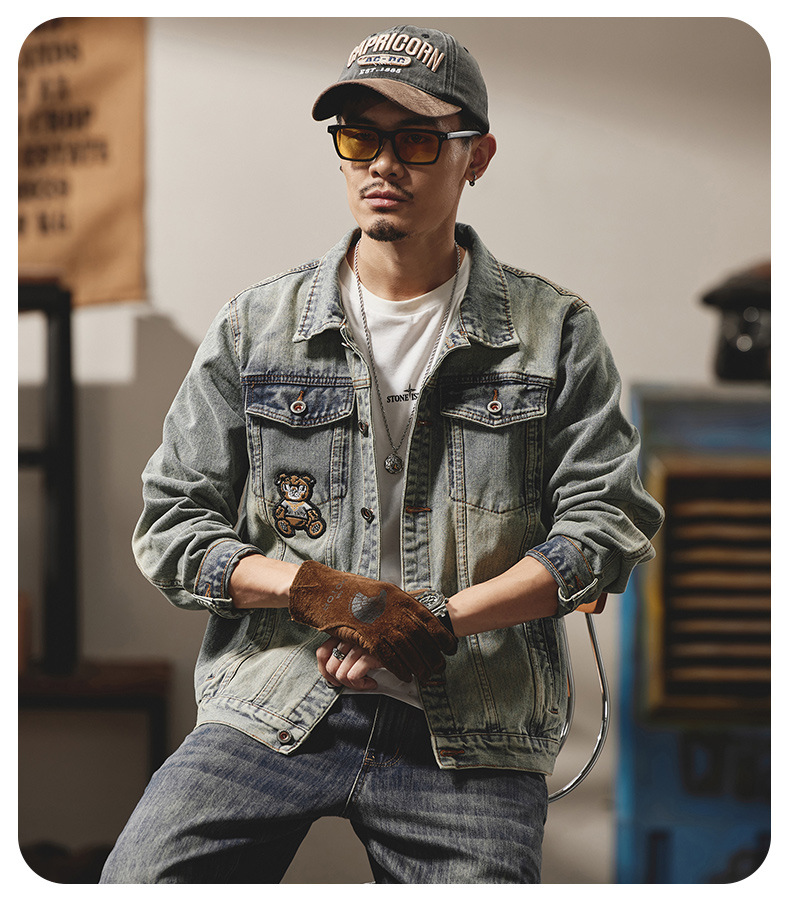Giacca di jeans da uomo stile biker con ricami di lusso_voghion.com