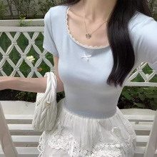 miniblue蕾丝花边短袖T恤女夏季新款设计感修身显瘦正肩短款上衣