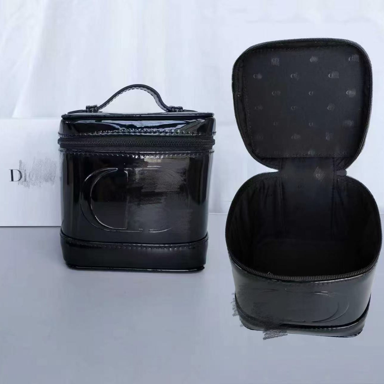 2026 New Limited Edition Black Makeup Storage Bag, Square Black Patent Leather, 11×10×12cm
