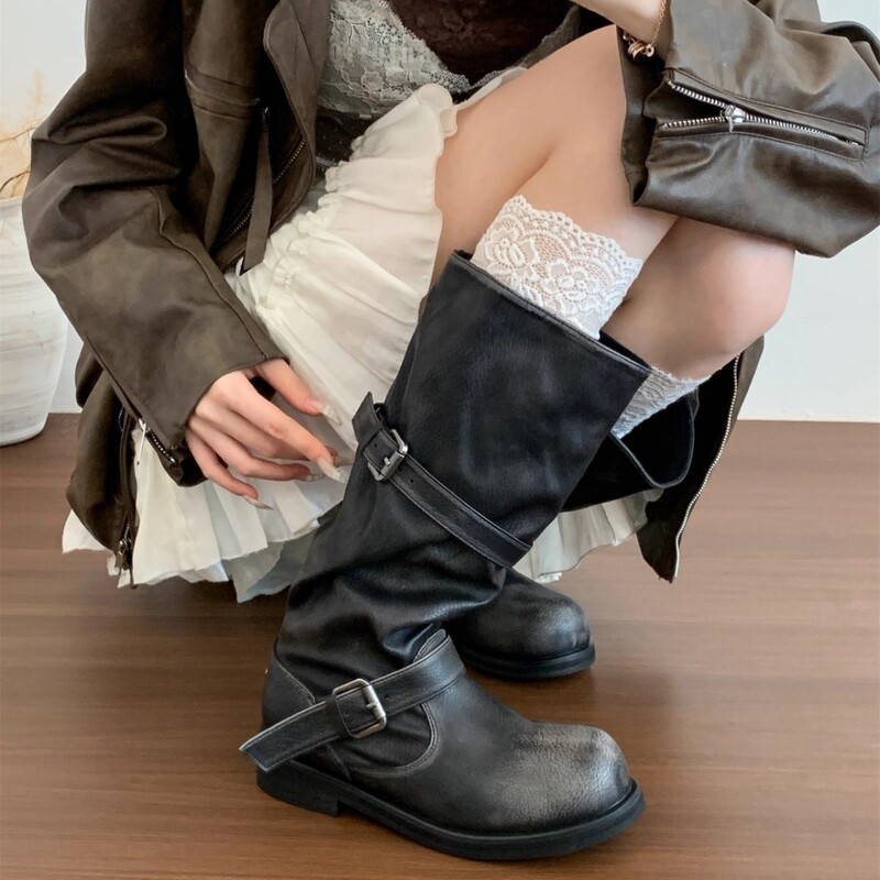 "炸街辣妹！"2025复古做旧长筒骑士靴女粗跟高筒靴工装不过膝长靴|undefined
