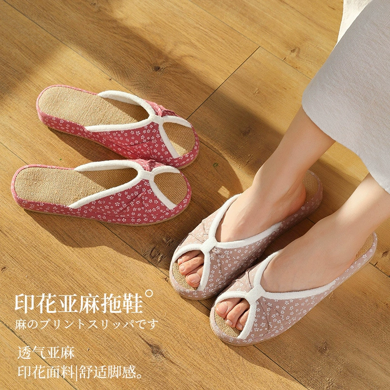 Льняные тапочки в японском стиле женские новые дома в помещении нескользящие толстые каблуки, впитывающие пот, дышащие тихие домашние холодные тапочки оптом