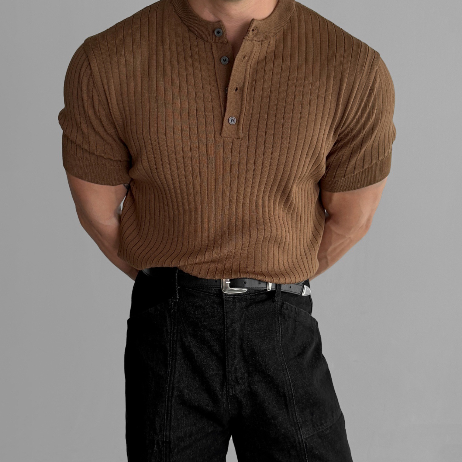 Camiseta de manga corta botones de hombre estampado oscuro de negocios de verano delgado de hielo comercio exterior al por mayor transfronterizo collar Henry