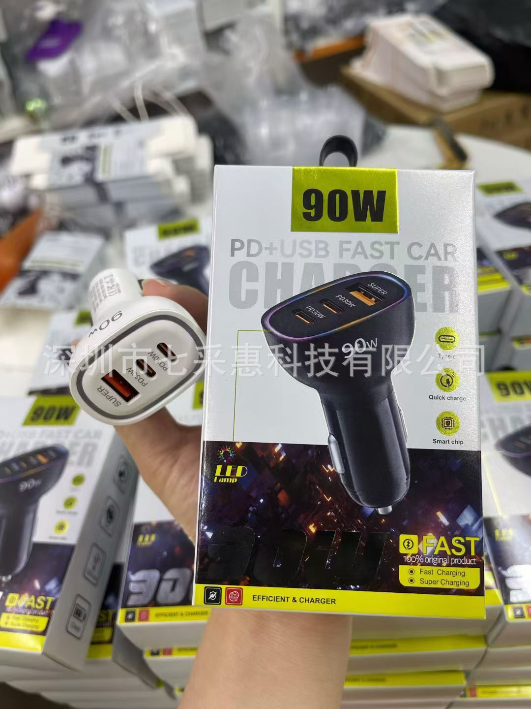 New 90W Car Charger with One to Three a Ports + Cc Port Flash Charging Multi-Port Three-Line Super Fast Charging with Extremely Fast Colorful Atmosphere Light