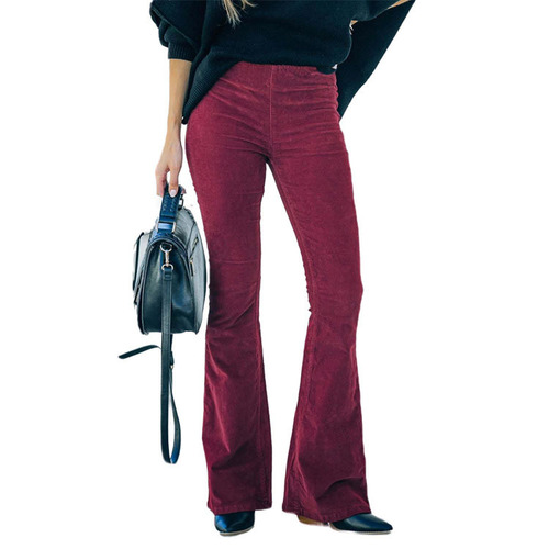 Summer and Autumn Women's Solid Color High-Waisted Tapered Relaxed Flared Corduroy Elastic Waist Casual Pants