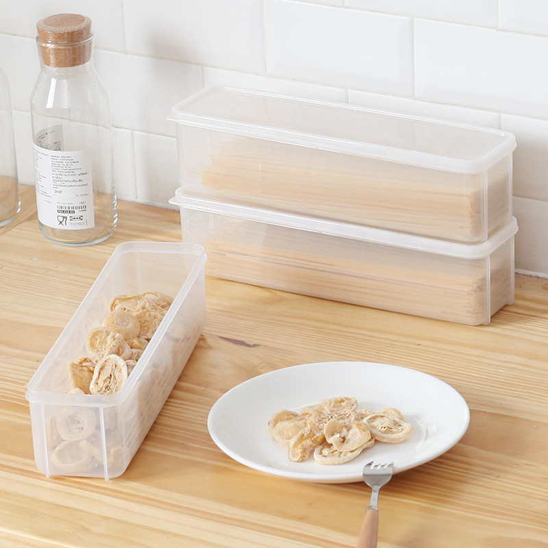 Fideos de cocina refrigerador caja de almacenamiento de alimentos caja de plástico cuadrado sellado transparente alargado con tapa apilable