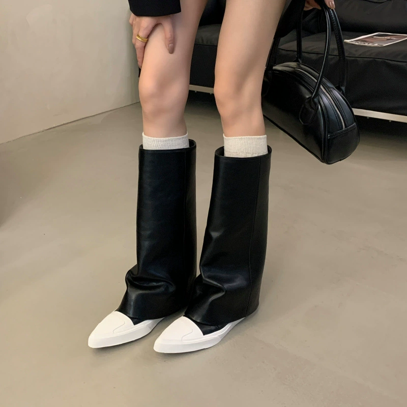 Европа и США 2024 осень и зима новые плоские ножки высокие сапоги джинсы модные дикие повседневные брюки труба женские сапоги