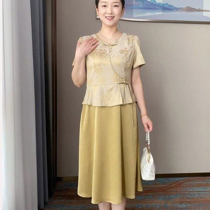 Летнее платье для мамы, платье с короткими рукавами в китайском стиле, женская благородная юбка в западном стиле, длинная юбка из двух частей для женщин среднего и пожилого возраста.