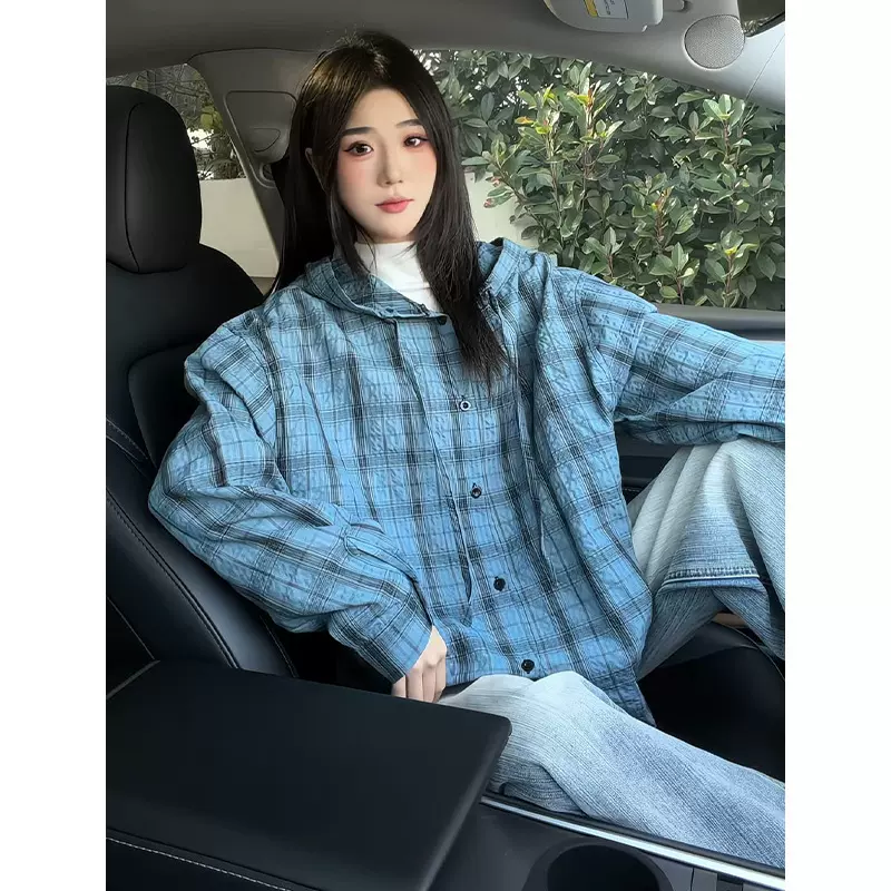 夏季薄款防晒衬衫男款潮流ins透气格纹连帽衬衣宽松长袖外套