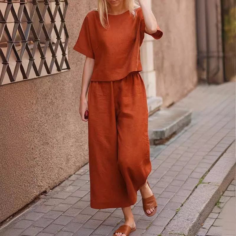 2022 cross-border Amazon new casual European and American large size cotton and linen suit loose solid color shirt trousers two-piece set