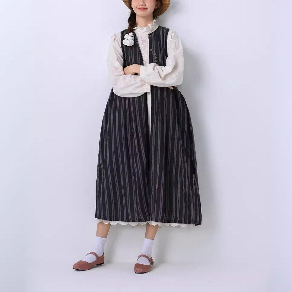 Mori Women's Japanese-style Women's Sweet All-match Loose Vertical Strip Long Strap Outer 2024 Summer New Linen Wearcoat Vest