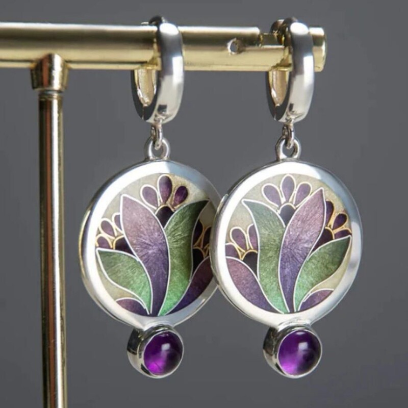 Cross-border European and American Creative Flower Inlay Purple Diamond Earrings Vintage Light Luxury Ancient Silver Enamel Round Pendant Earrings