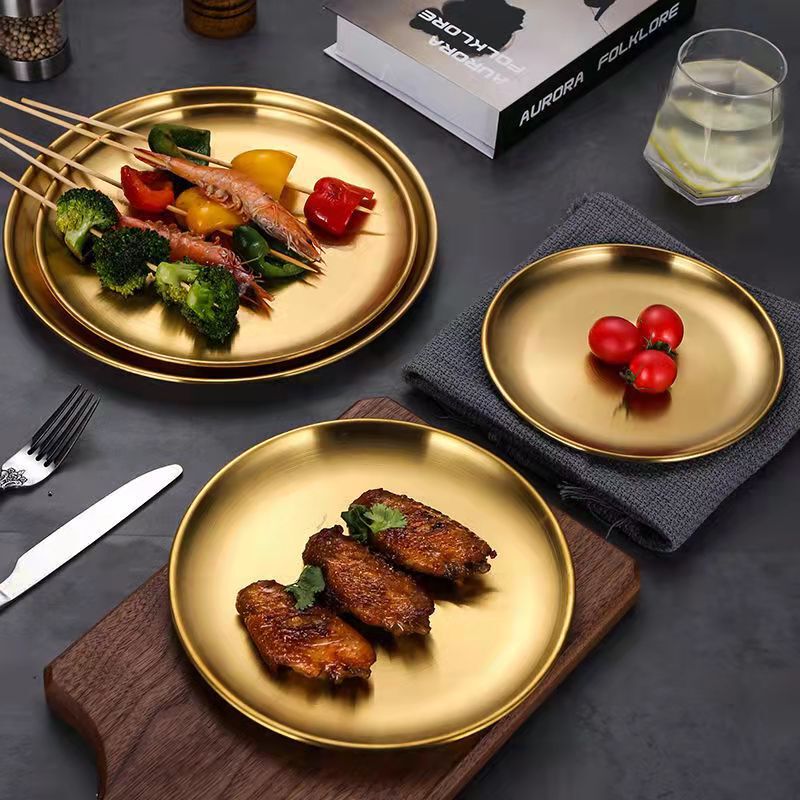 304 Round Stainless Steel Plate Products Shallow Plate Household Plate Spit Bone Plate Fruit Plate Golden Korean Tableware Barbecue Plate