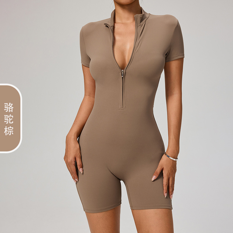 添亿欧美夏季拉链短袖瑜伽连体服女舞蹈健身紧身短裤运动连体衣|undefined