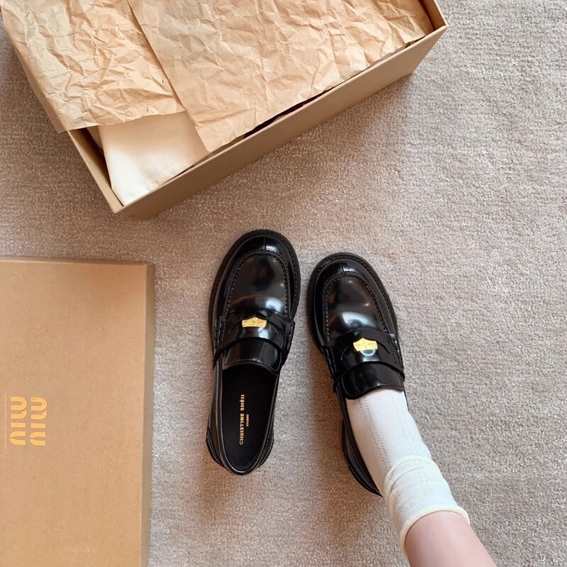 Real Cowhide ~ Zhang Yuanying Same Miu Leather Round Head Small Gold Coin One Pedal Thick Heel Thick Bottom Lefu Leather Shoes for Women