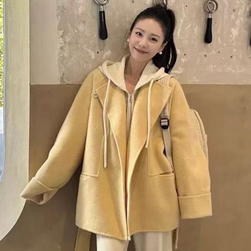 冬天千金穿搭高级感超好看小个子黄色毛呢外套韩系双面呢大衣气质