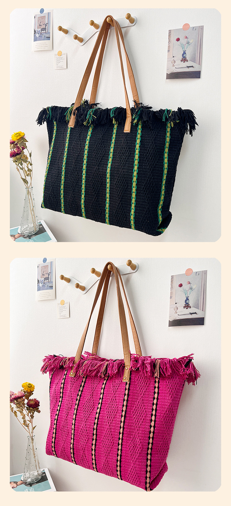 675g Weight Tassel Fashion Element Zipper Closure Type Double Handle Strap Type Straw Bag Bags Type Daily, Street, Shopping Occasion Canvas Material Stripe Pattern 2025 Spring and Summer Season Women's Gender Elegant, Streetwear Style Square Shape Large Size Women's Large Canvas Stripe Elegant Streetwear Tassel Square Zipper Straw Bag