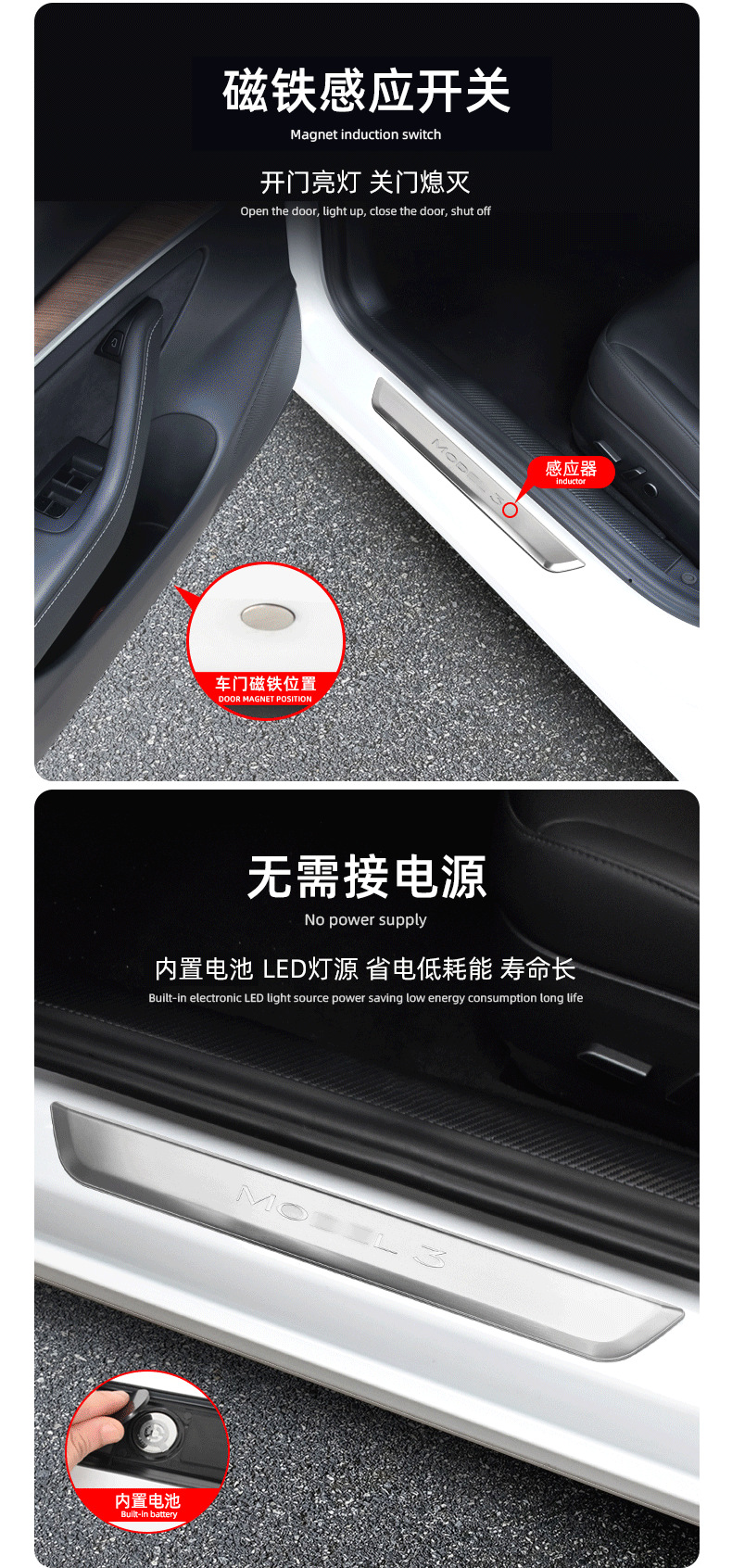 Suitable for tesla Tesla model3/Y threshold magnetic induction LED luminous welcome pedal car modification